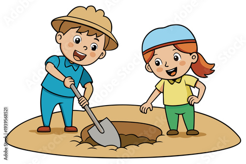 Cartoon children digging hole: cheerful boy with shovel and curious girl outdoors in playful scene