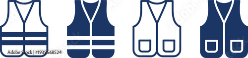 Four dark blue safety vests on white background clothing