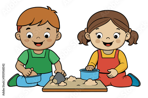 Smiling children playing in sandbox with toy buckets and shovels, enjoying creative outdoor fun, enhancing imagination and social skills in a colorful playful setting