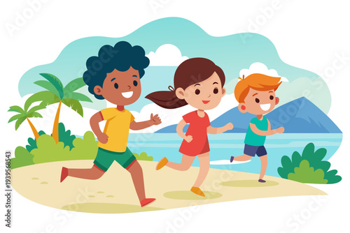 Joyful children running on a tropical beach path with ocean and mountain views under a clear sky