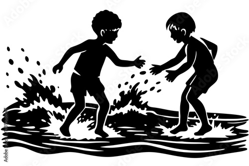 Silhouette of two children playing joyfully in water waves, splashing and reaching out to each other, exuding a sense of fun, friendship, and innocence