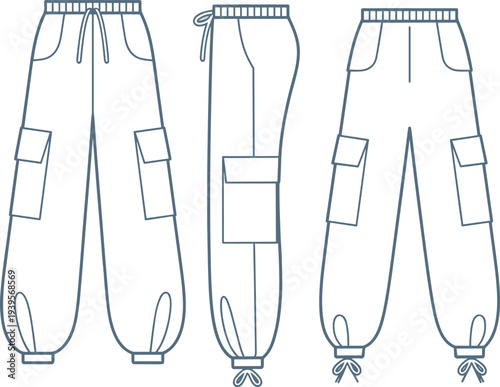 Three Different Styles of Blue Pants with Pockets and Drawstrings Illustrated in Line drawstring three pairs