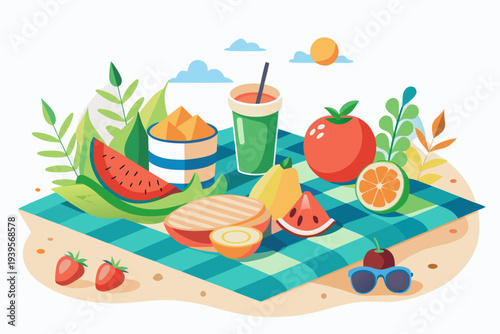 Colorful picnic scene with fresh fruits, vegetables, smoothie, and sunglasses on a blanket under a sunny sky