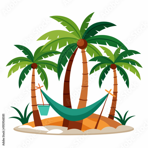 Serene tropical beach scene with green hammock between lush palm trees on sandy island oasis
