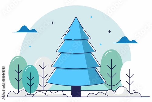 Winter landscape with geometric blue tree against minimalist background featuring clouds and simplistic greenery