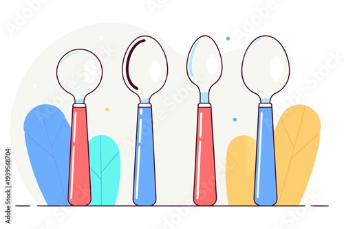 Colorful cartoon spoons with rounded handles in a minimalist leaf background design with blue and yellow accents