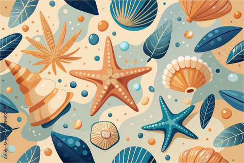 Colorful seaside pattern with starfish, seashells, leaves, and ocean elements on sandy background