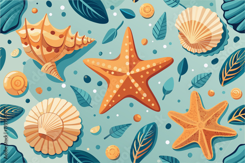 Vibrant starfish and seashells on a turquoise background with leaves and nautical elements for a coastal theme