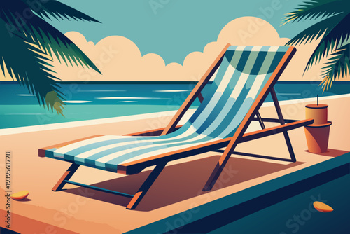 Tranquil beachfront with striped deck chair by tropical waves and palm leaves under a warm sunlit sky