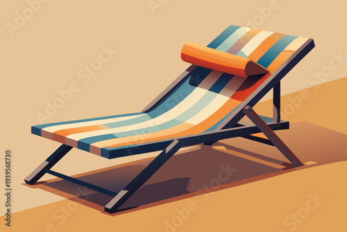 Colorful striped beach chair on sandy seashore capturing summer vibes with relaxing atmosphere and vibrant warm tones underneath clear blue sky