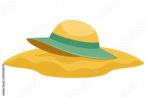 Wide-brimmed yellow and green hat on sand: summer style and beach essentials with a sunny vibe