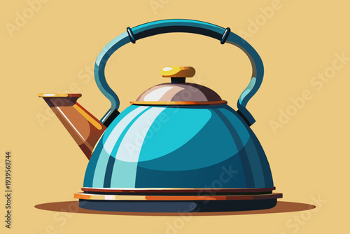 Vibrant blue kettle with gold accents on beige background reflecting light and casting shadow