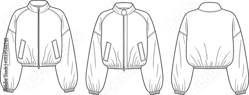 Three Different Views of a Light Gray Jacket with Zipper and Pockets front view