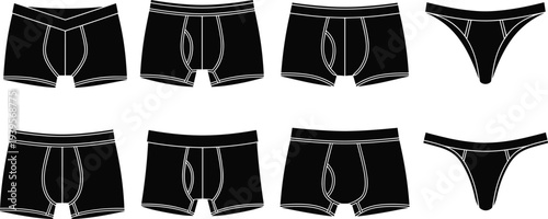 Black silhouette collection of men's underwear, boxer briefs, trunks, and thongs isolated on white background cad drawing flat vector illustration
