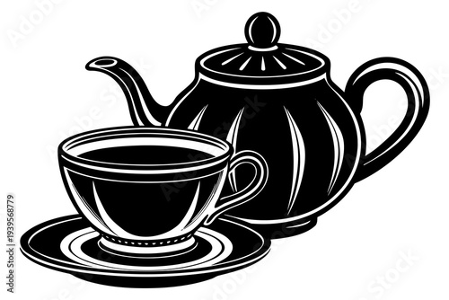 Classic black and white tea set illustration featuring an elegant teapot and teacup on a saucer with detailed line art design