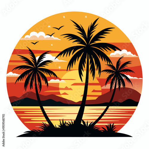 Scenic tropical sunset with silhouetted palm trees and vibrant sky over calm ocean waters with distant mountains