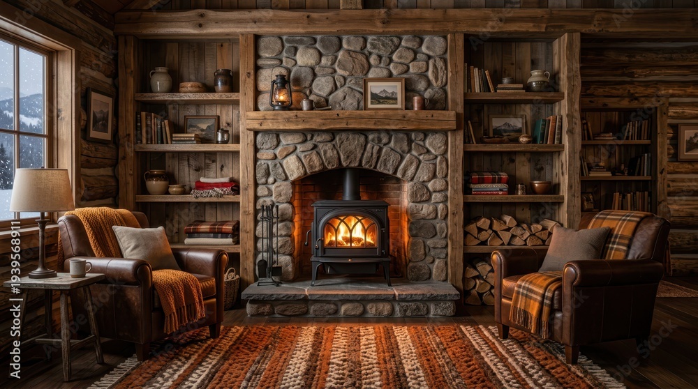 Fototapeta premium Cozy Hearth and Home: A rustic, inviting cabin interior centers around a stone fireplace and wooden built-in bookcases, exuding warmth, tranquility, and the spirit of a secluded retreat. 