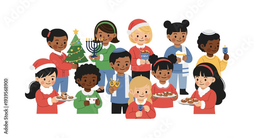 Diverse Group of Happy Children Celebrating Winter Holidays: Christmas and Hanukkah Together with Festive Symbols and Treats, Promoting Unity and Inclusion.