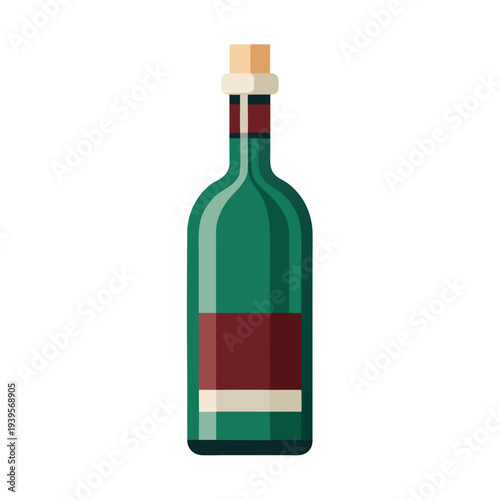 Elegant green glass bottle with cork stopper and burgundy label on transparent background, abstract minimalist design, suitable for beverage packaging concepts