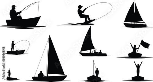Sailing and fishing silhouette vector set with people on boats sailboats and rowboats for summer water sports and maritime leisure.