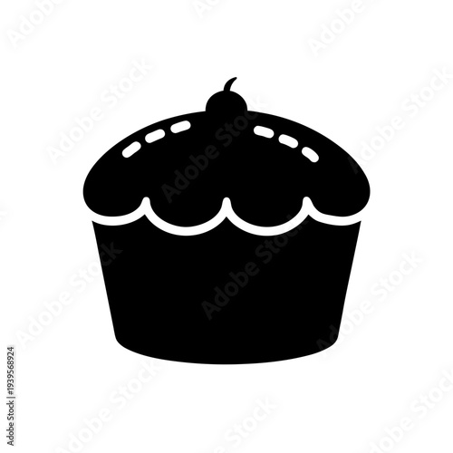 Simple black and white illustration of a cupcake with decorative frosting on top.
