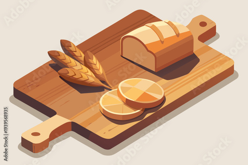 Wooden cutting board with sliced bread, wheat stalks, and citrus on warm toned surface