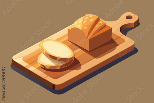 Isometric wooden cutting board with sliced bread and whole loaf on brown background for culinary and kitchen design elements