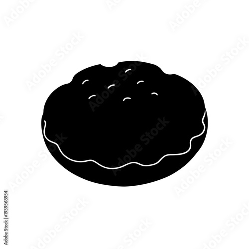 A stylized black and white illustration of a doughnut with a glossy finish and simple design
