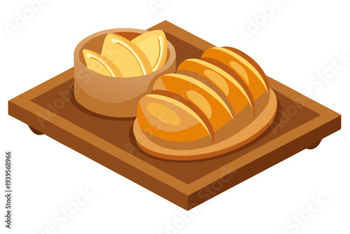 Isometric illustration of freshly baked bread with butter slices on a wooden board for breakfast presentation