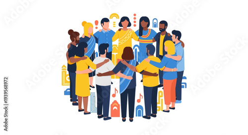 Diverse Group Embracing in a Circle Symbolizing Unity, Inclusion, and Global Community with Cultural Elements