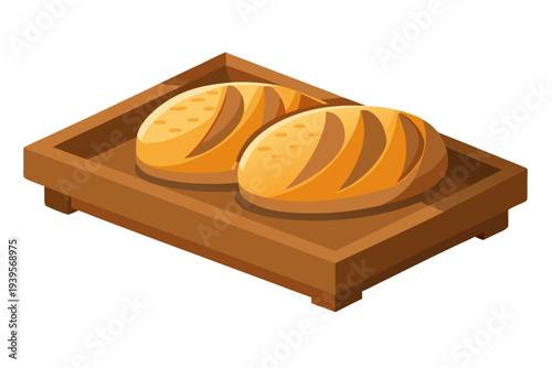 Rustic wooden basket with two freshly baked round artisan bread loaves featuring golden crispy crust and decorative scoring isolated on white background