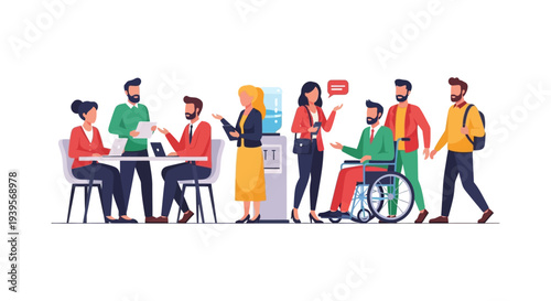 Diverse Business Team Collaboration in Modern Office - Inclusivity & Teamwork Vector Illustration