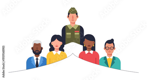 Diverse Community Group Supporting Military Service and Veterans with Flat Vector Illustration