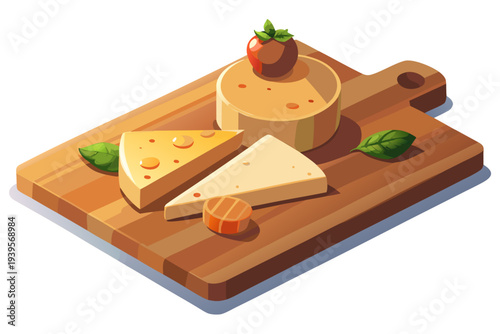 Assorted cheeses and tomato on wooden board with basil leaves: gourmet cheese platter presentation with select ingredients