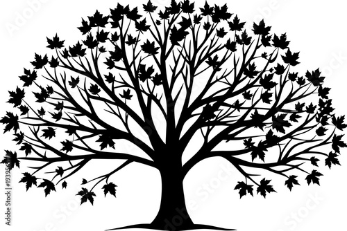 Detailed silhouette of leafy tree with branches and leaves capturing nature's beauty in simplistic black and white design