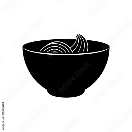 A black bowl filled with a serving of noodles against a plain background.