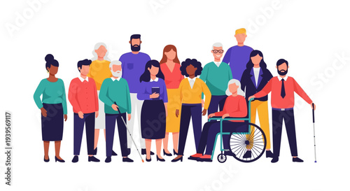 Diverse Group of People: Multigenerational Men & Women, Including Individuals with Disabilities. Concept of Inclusion, Community, & Equity