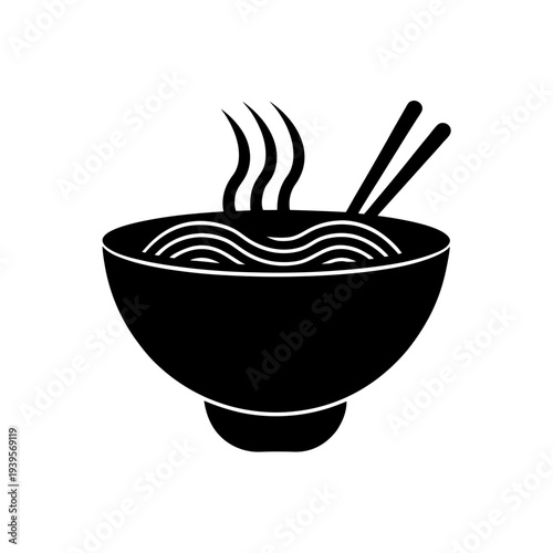 A black and white illustration of a bowl of ramen with chopsticks