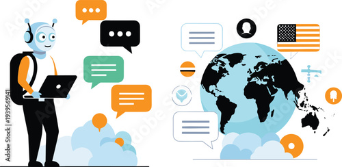 AI Chatbot Global Communication Concept with Robot Assistant Messaging Worldwide Network and Digital Customer Support Illustration