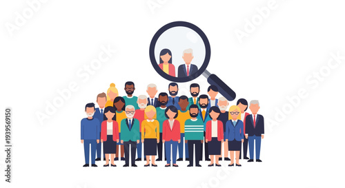 Audience Targeting and Selection: Magnifying Glass on Diverse Group | Recruitment, HR, Demographic Analysis, Market Research Concept