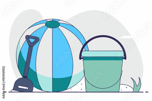 Colorful beach ball, bucket, and shovel in a minimalist style, perfect for summertime fun at the beach or playground