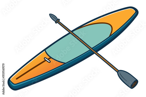 Colorful orange and blue stand-up paddleboard illustration with paddle, featuring simplified design and vibrant accents