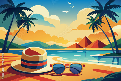 Tropical beach scene with hat, sunglasses, palm trees, ocean waves, and colorful sunset sky depicting relaxation and summer vacation in a scenic island paradise setting
