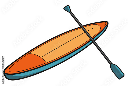 Colorful cartoon paddleboard and oar illustration featuring blue and orange design on white background