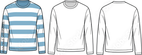 Three Long Sleeve Shirts with Horizontal Stripes and Solid Colors in Front and Back Views striped