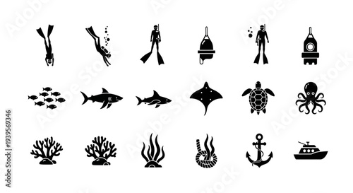 Collection of Black Ocean Icons and Symbols.