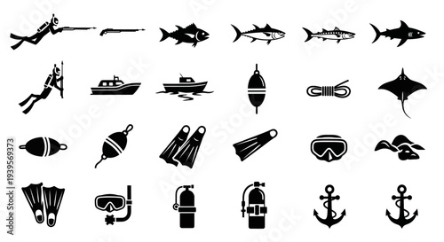 Collection of Black Scuba Diving Icons.