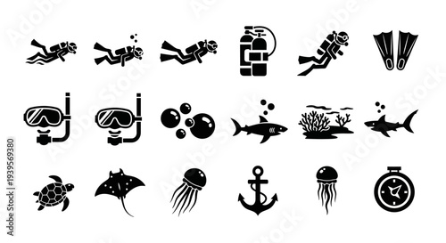 Collection of Black Sea Creature Icons.