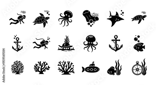 Collection of Black Sea Creature Icons.