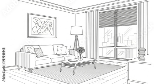 Minimalist Bedroom Interior with Large Window and Modern Decor.